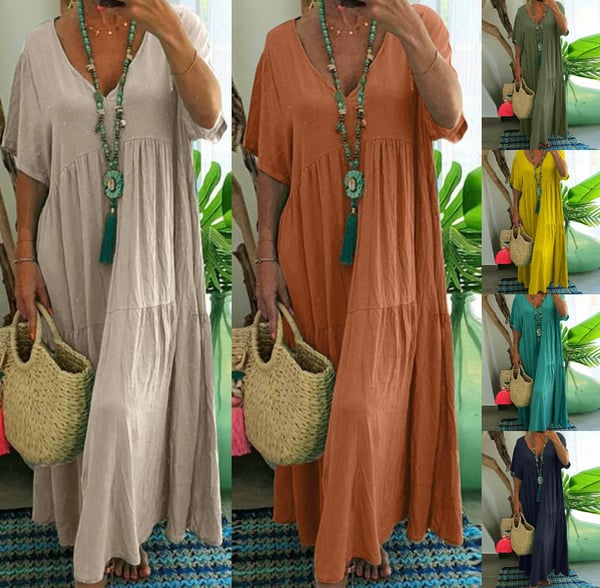 👗 ¡50% DE DESCUENTO POR TIEMPO LIMITADO! ✨ Vestido Largo Casual para Mujer – Cuello en V, Holgado y Fluido 🌾
