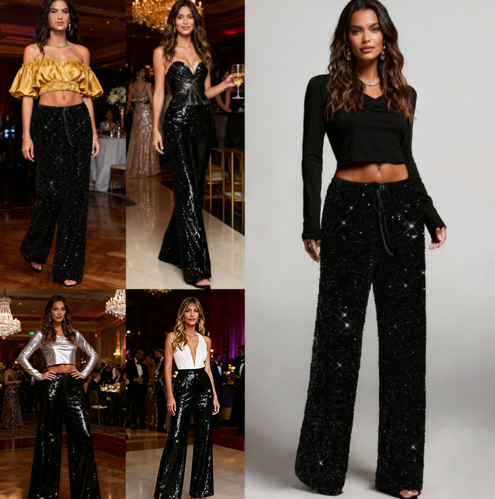 🥰🔥 ¡OFERTA FINAL! 50% de DESCUENTO 💖 Pantalones de pierna ancha con lentejuelas y cinturilla elástica para mujer ✨
