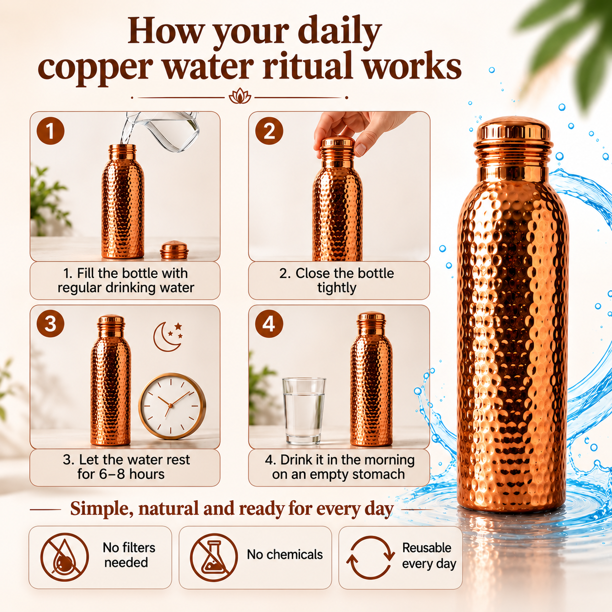 ❤️Frescura de Verano 50% Off!💧Botella de Agua Premium de Cobre Sólido 100% – Sin Plástico e Inspirada en el Ayurveda