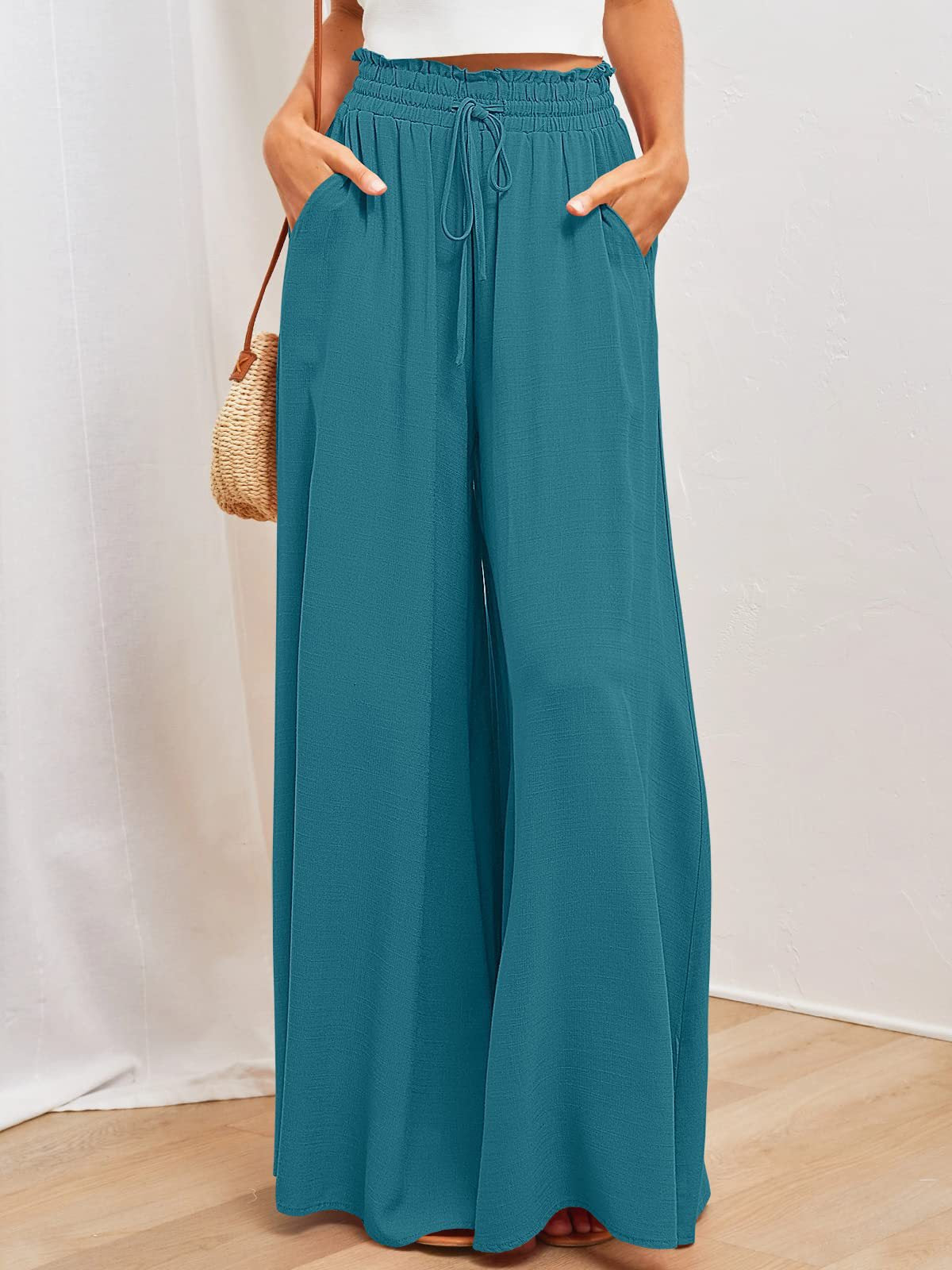 🌞Pantalones de pierna ancha y cintura alta de color liso