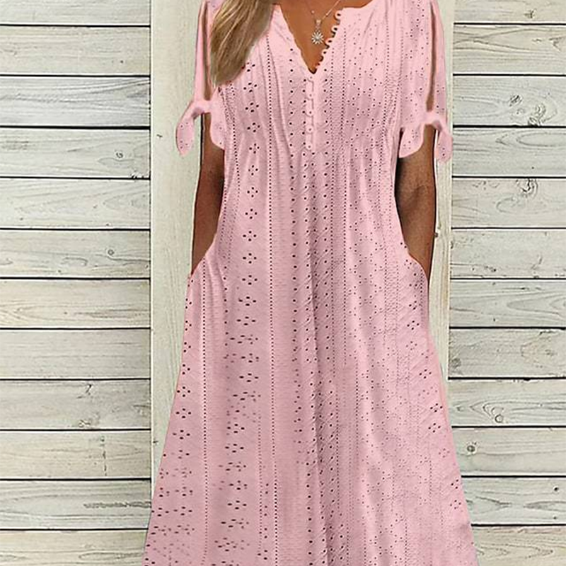 ⏰Rebajas de último día 49% de descuento💃Vestido elegante sólido cuello pico calado de mujer