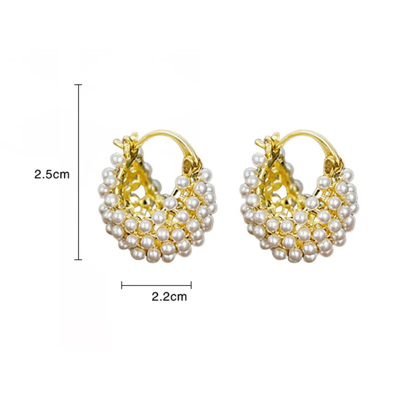 💍Especial Día de las Madres✨ Aretes de Argolla con Perlas de Imitación en Tejido Tipo Canasta – Tono Dorado, Elegancia Clásica 🪀