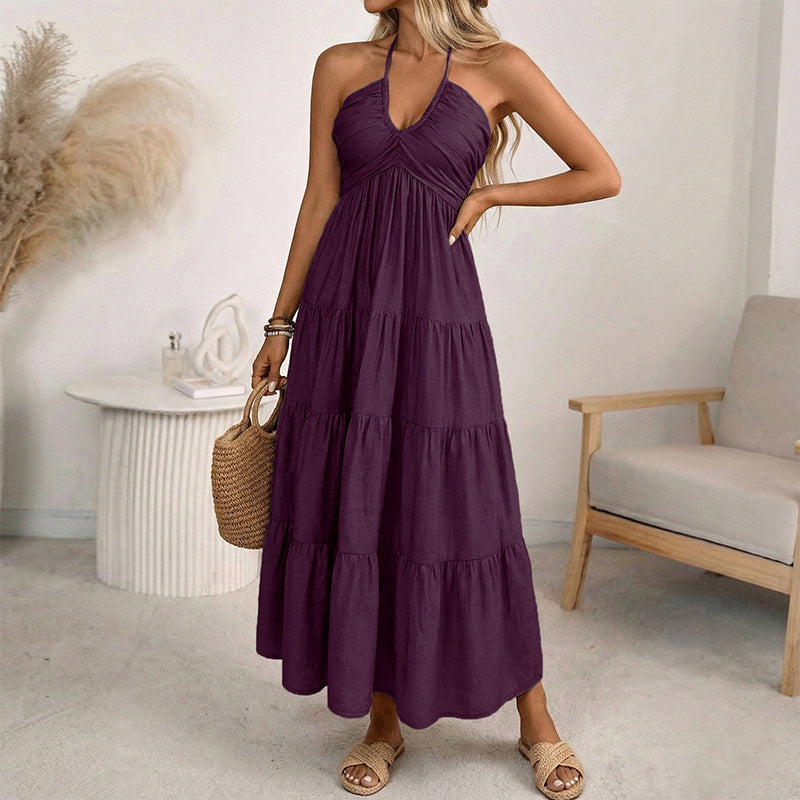 👗 ¡OFERTA DE VERANO 50% DE DESCUENTO! 🌺 Vestido Largo de Mujer Sin Espalda de Cuello Halter con Niveles – Escote en V, Tejido Fluido, Ajuste Seguro y Aire Vacacional ✨