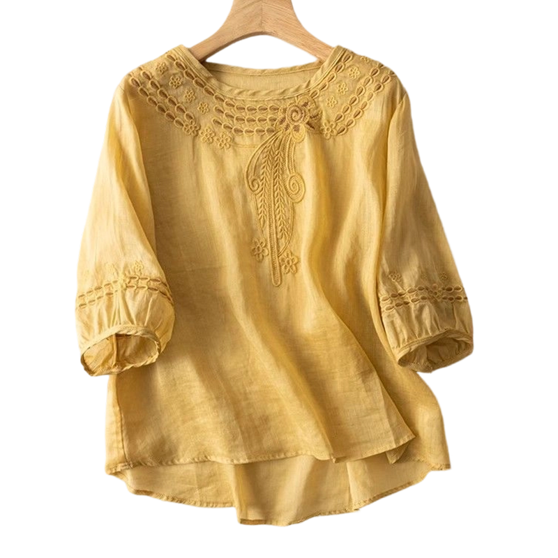 👚 ¡50% DE DESCUENTO POR TIEMPO LIMITADO! 💥 Blusa Bordada de Mezcla Algodón-Lino para Mujer – Recortes Florales, Cuello Redondo, Corte Relajado ✨