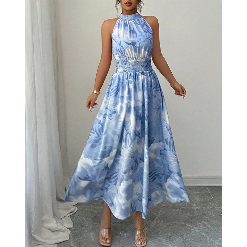 👗 LIMITED-TIME 50% OFF! 💥 Women's Halter Neck Sleeveless Printed Dress – Smocked Waist, Floral, Flowy ✨