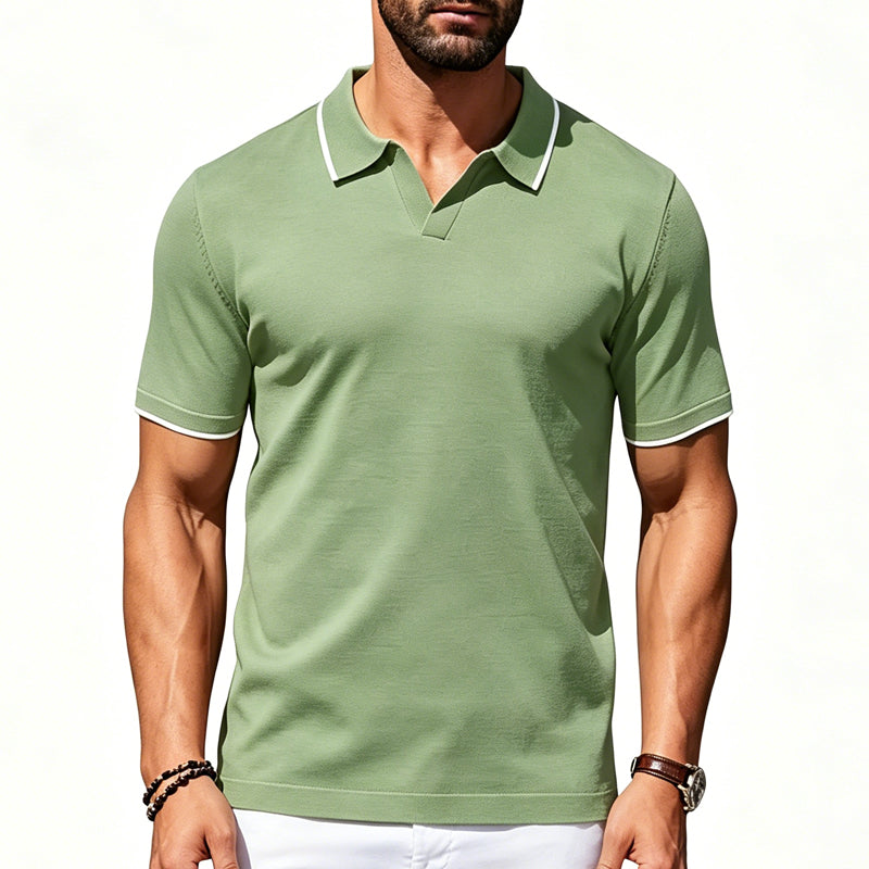 Camiseta Casual de Cuello en V para Hombre con Ribete de Contraste y Manga Corta para Verano