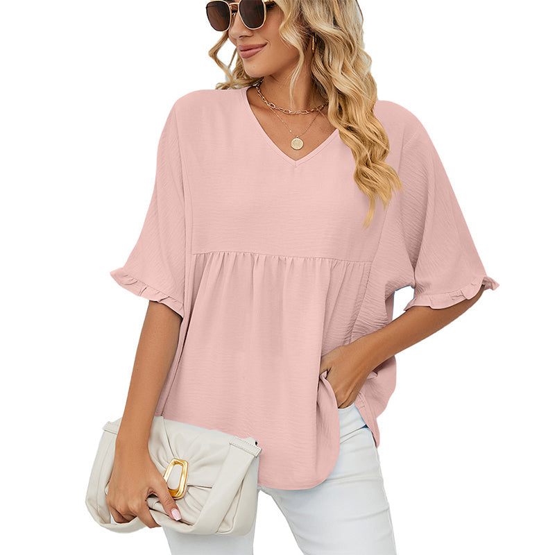 👕 LIMITED-TIME 50% OFF! ✨ Women's V-Neck Short Sleeve Casual Blouse – Ruffle Sleeves, Relaxed Fit, Versatile 🌸