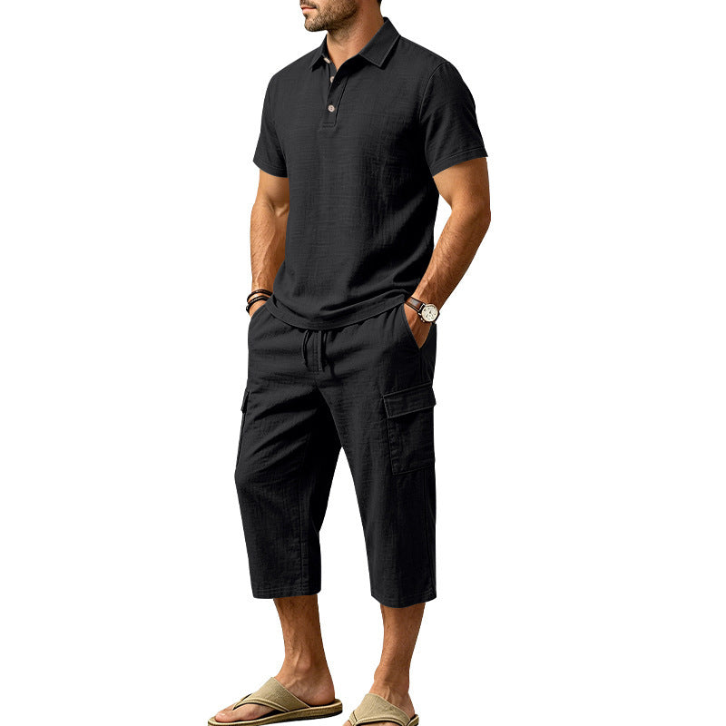 Men Summer Linen Set Loose Shirt and Cargo Shorts Two Piece Outfit