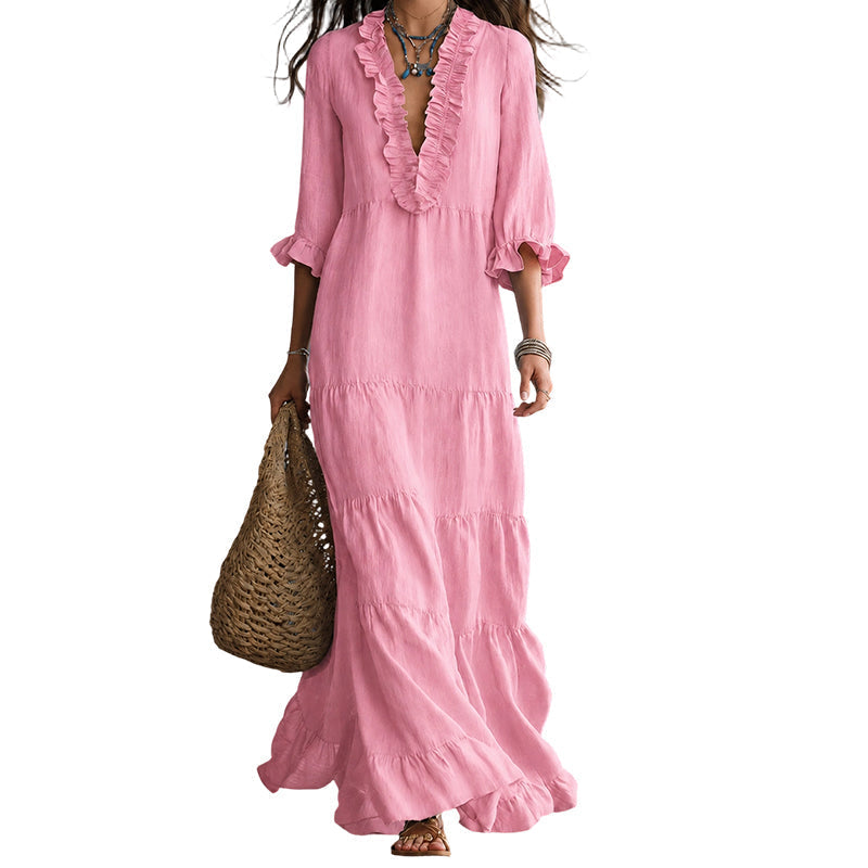 Vestido Maxi Escalonado con Cuello en V y Volantes para Mujer