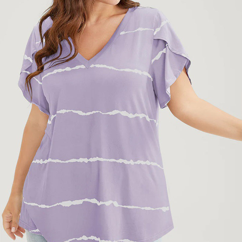 Camiseta de Talla Grande con Rayas, Manga Corta y Cuello en V para Mujer