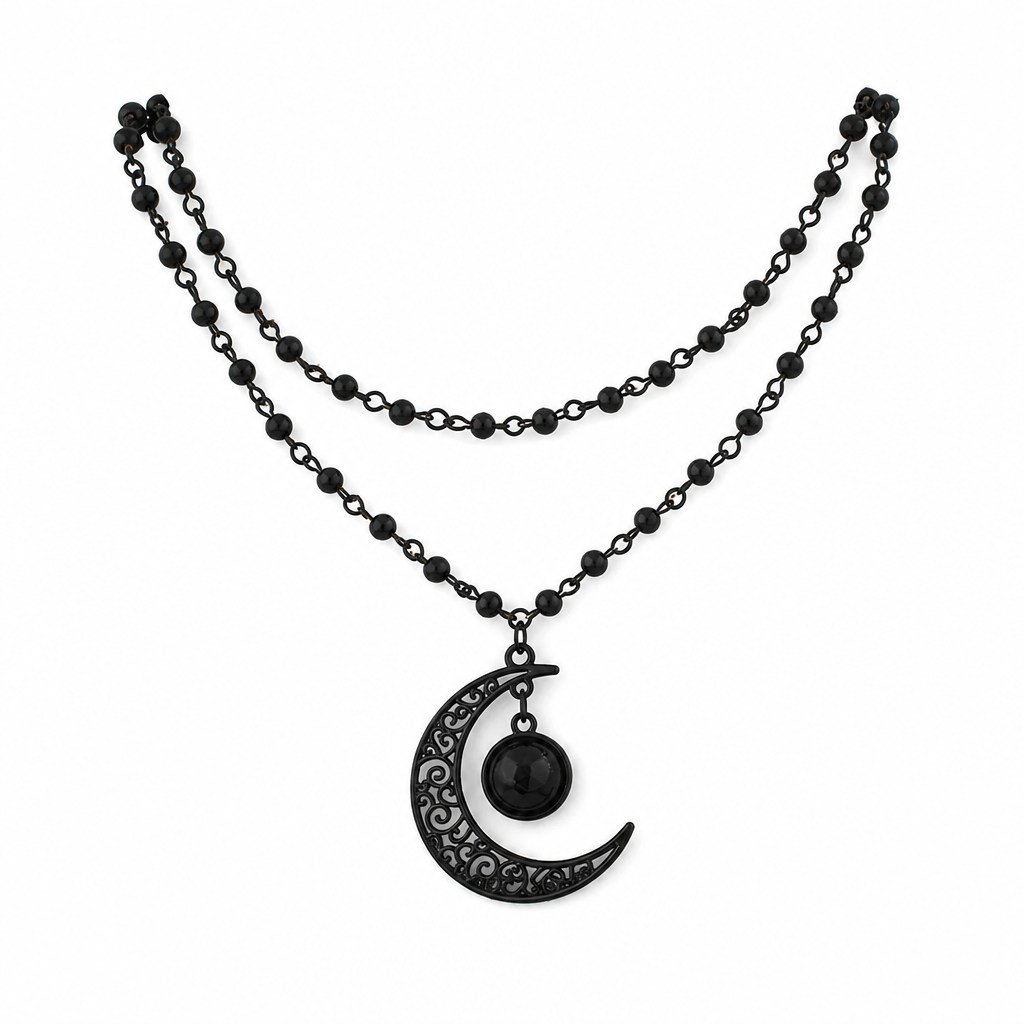 🌙 LIMITED‑TIME 50% OFF! 🖤 Gothic Dark Crystal Beaded Chain Necklace with Hollow Out Moon Alloy Pendant 📿
