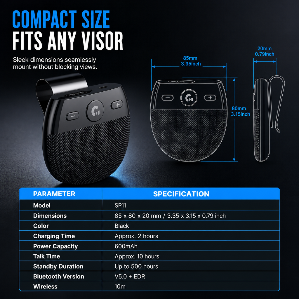 📢📢 ¡50% DE DESCUENTO!🚗 Altavoz Manos Libres Bluetooth SP11 para Parasol de Coche con Encendido por Vibración y Soporte A2DP