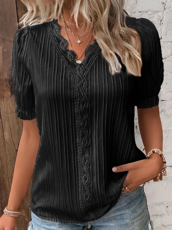 Cuello en V Encaje Liso Camisa Elegante - Compre 2 envío gratis