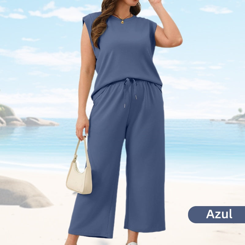 Conjunto de 2 piezas de top sin mangas y pantalones de pierna ancha para mujer