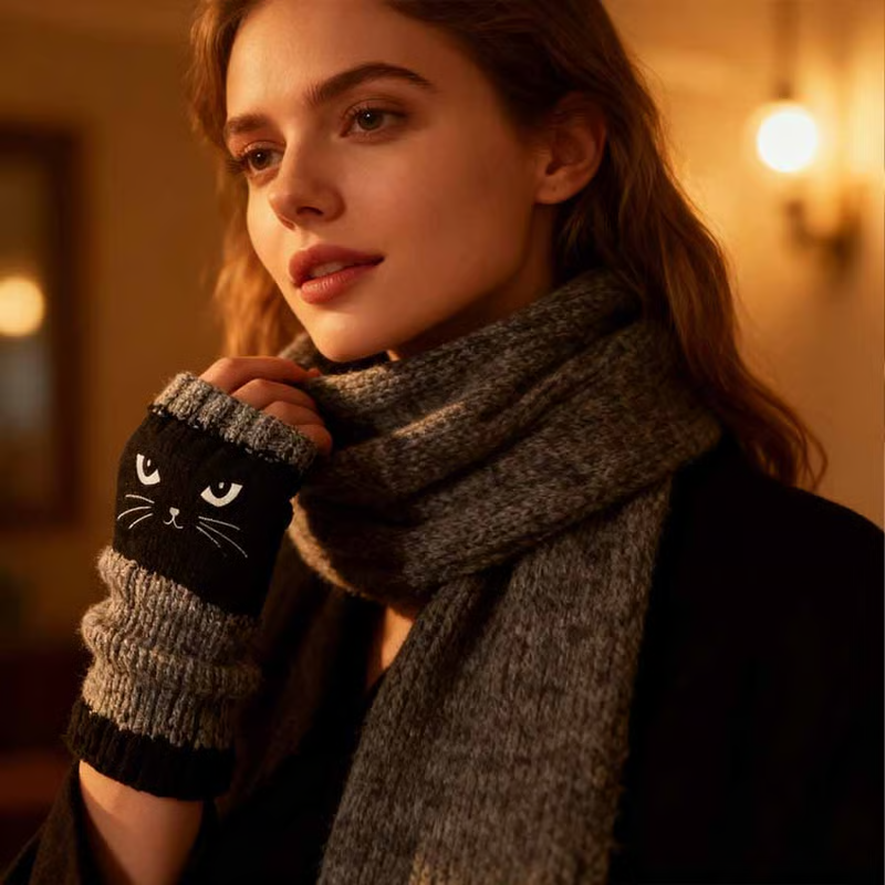 🎁COMPRA 1 Y LLÉVATE 1 GRATIS🐱Guantes Tejidos Sin Dedos con Motivo de Gato