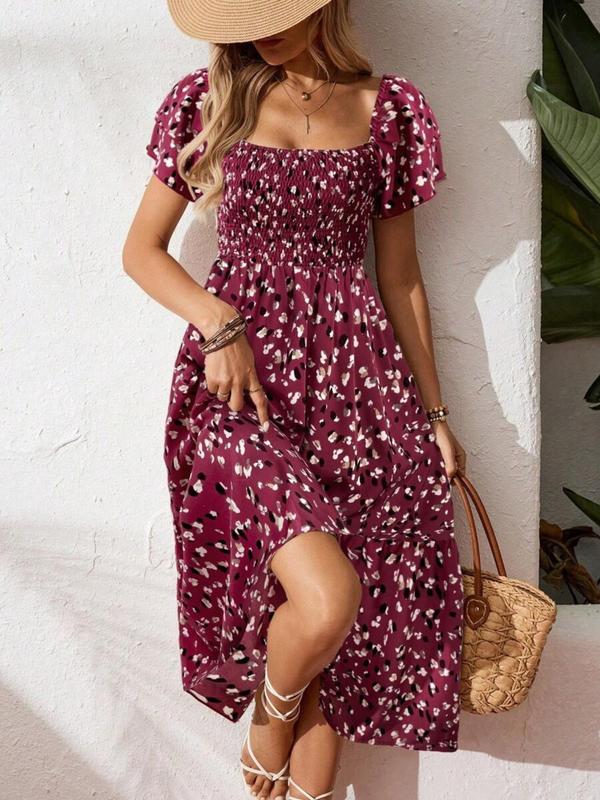 🌈2026 Summer Hot Sale 50% OFF!✨Square Neck Floral Midi Dress – Smocked Bodice, Flowy Tiered Skirt, Romantic🌸