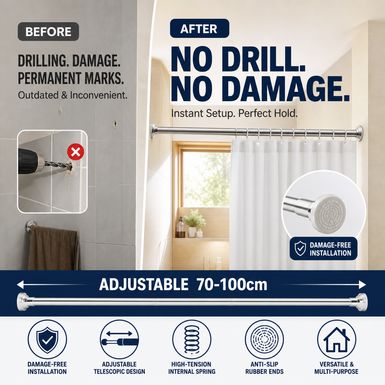 🔥 ¡Hoy 50% DE DESCUENTO! 🏠 Barra extensible ajustable sin taladrar – Instalación rápida, resistente y versátil