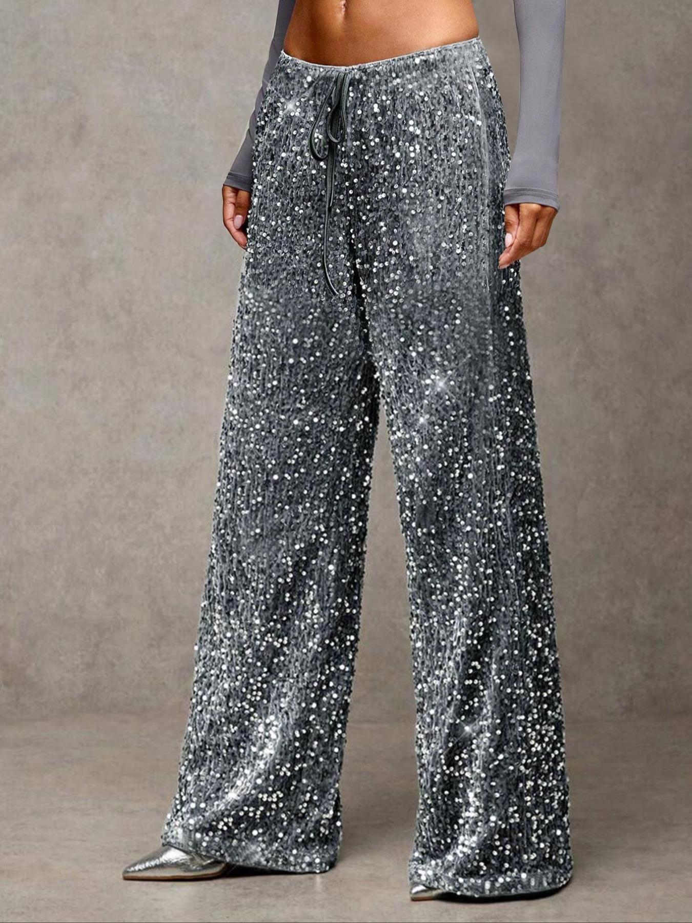 🥰🔥 ¡OFERTA FINAL! 50% de DESCUENTO 💖 Pantalones de pierna ancha con lentejuelas y cinturilla elástica para mujer ✨