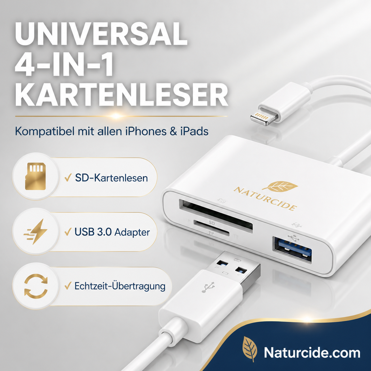 ⏳🔥¡50 % DE DESCUENTO POR TIEMPO LIMITADO! ⏰ 🛒 Lector de Tarjetas de Memoria 3 en 1 para Móvil y Tablet – USB-C, Lightning, USB-A – Plug & Play para iPhone, Android, PC y Mac 📱