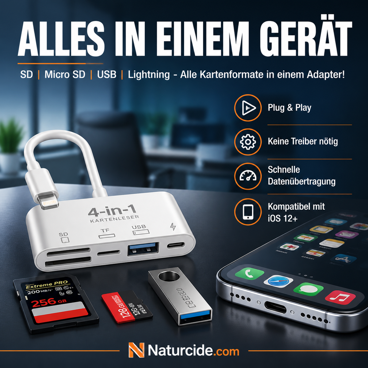 ⏳🔥¡50 % DE DESCUENTO POR TIEMPO LIMITADO! ⏰ 🛒 Lector de Tarjetas de Memoria 3 en 1 para Móvil y Tablet – USB-C, Lightning, USB-A – Plug & Play para iPhone, Android, PC y Mac 📱