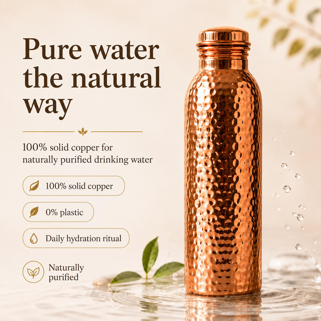 ❤️Frescura de Verano 50% Off!💧Botella de Agua Premium de Cobre Sólido 100% – Sin Plástico e Inspirada en el Ayurveda