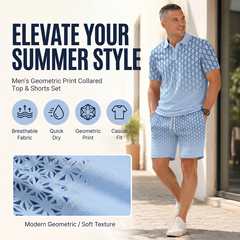 ⏳Oferta por Tiempo Limitado⏰Conjunto de Camisa con Cuello Estampado Geométrico y Shorts para Hombre – Diseño Moderno y Look Coordinado Transpirable 🔷