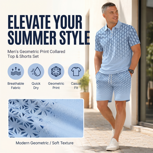 ⏳Oferta por Tiempo Limitado⏰Conjunto de Camisa con Cuello Estampado Geométrico y Shorts para Hombre – Diseño Moderno y Look Coordinado Transpirable 🔷