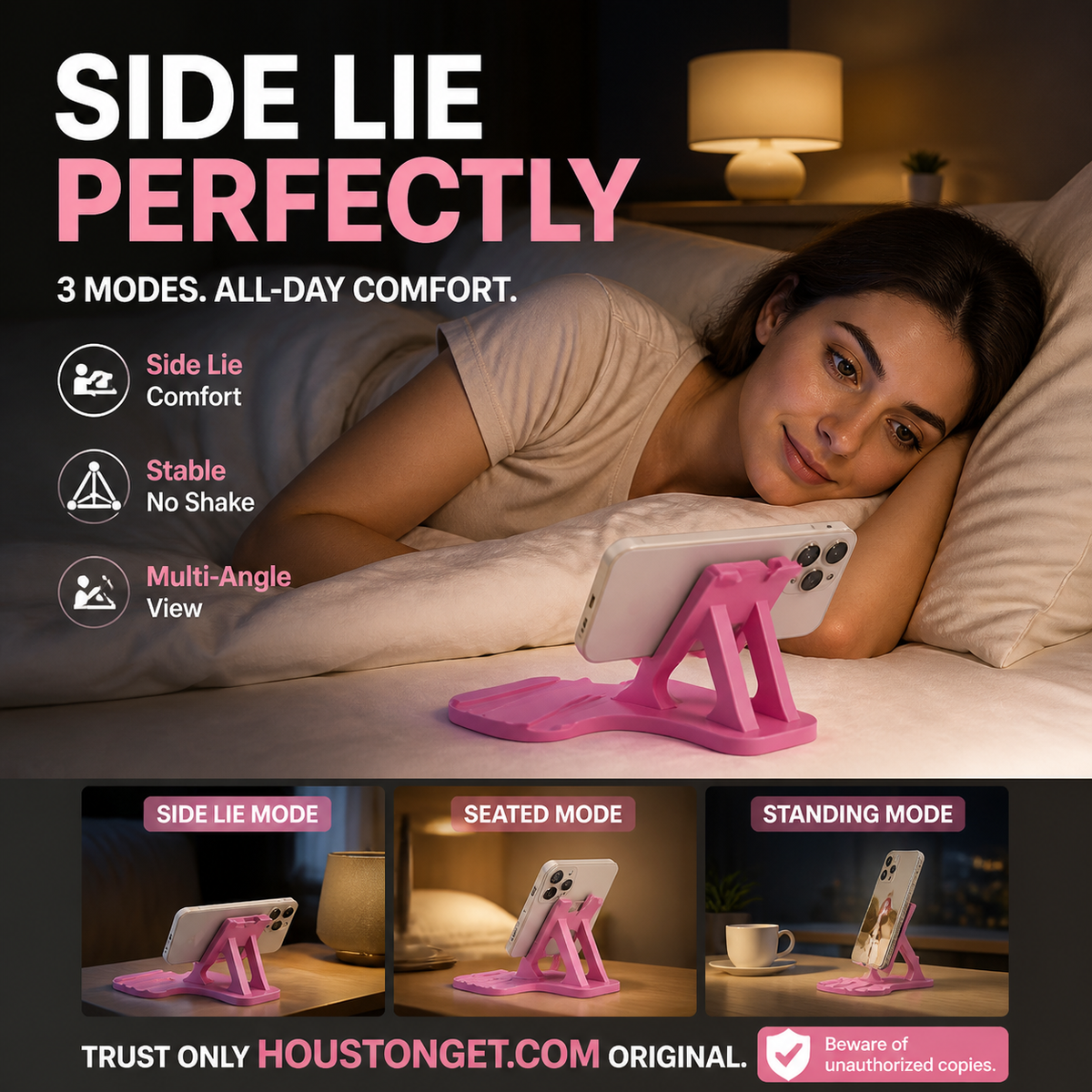 ⏳Time-Limited Special⏰Side‑Lie Friendly Multi‑Angle Phone Stand‑3‑Mode Adjustable Desktop Phone Holder, Stable Hands‑Free Support for Bed, Sofa & Desk Use