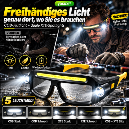 🔦 50% dto. Gafas con linterna LED manos libres – luz COB + 2 focos XTE, 5 modos, 90 g y recargables por USB-C. ¡Ilumina donde necesites sin ocupar las manos! ✨💡