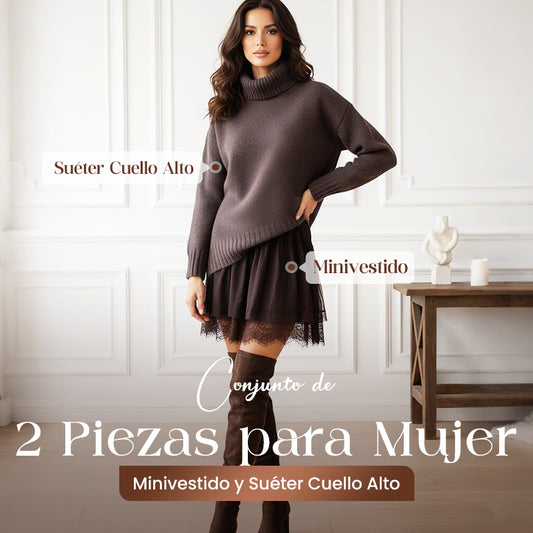 Conjunto de 2 Piezas para Mujer: Vestido Tipo Suéter de Cuello Tortuga y Vestido Lencero