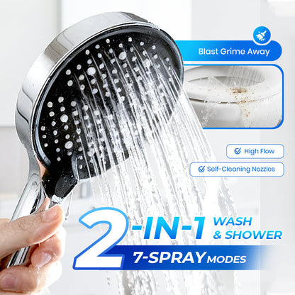 🚿50% OFF NOW! High‑Pressure Adjustable Rainfall Shower Head, 2‑In‑1 Wash & Shower Handheld Showerhead with 7 Spray Modes, Self‑Cleaning Nozzles High Flow Bathroom Shower Sprayer