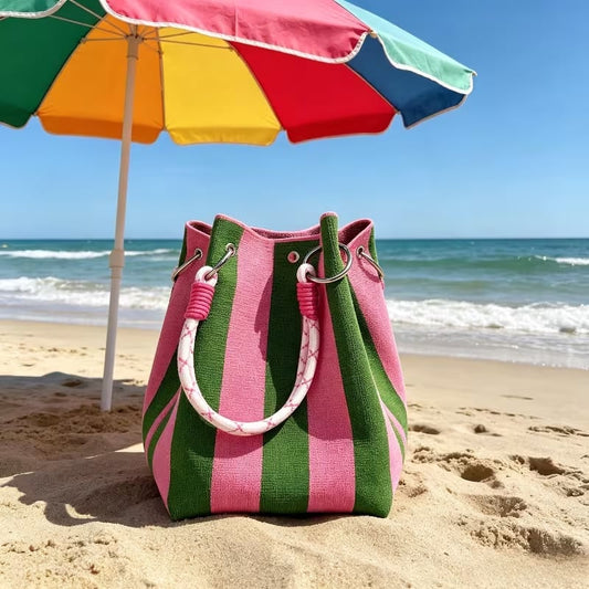🏆👜 Oferta por Tiempo Limitado: 50% DESCUENTO 🌴 Bolso Cubo de Punto Boho a Rayas para Mujer – Bolso de Hombro Artesanal para Playa y Verano