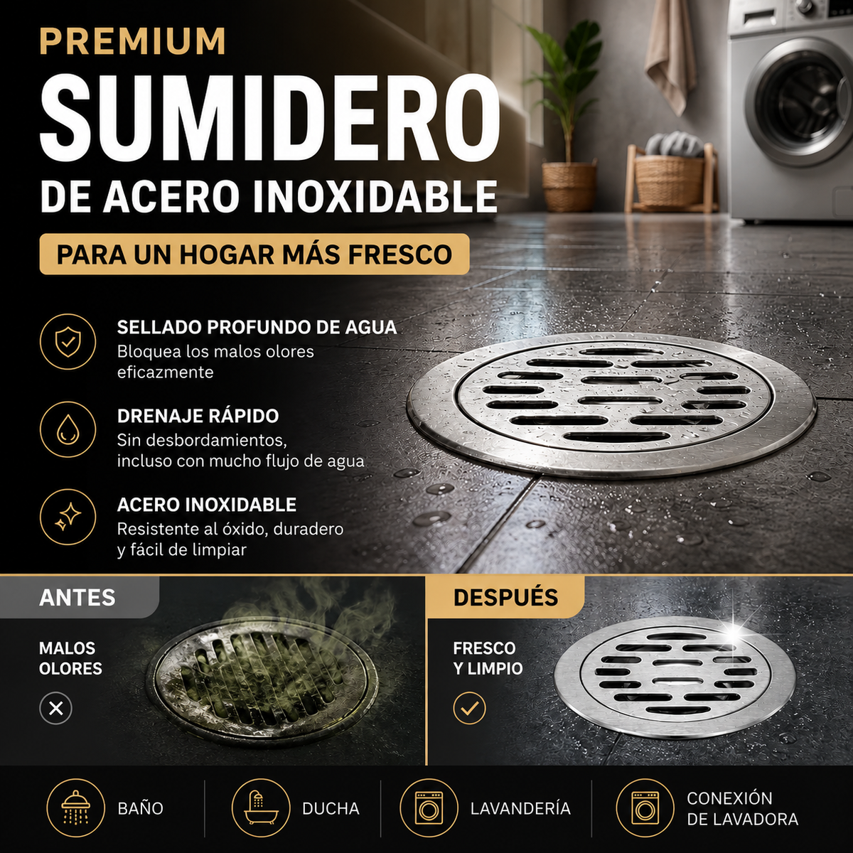 Coladera de Piso Redonda en Acero Inoxidable con Sistema Antiolor