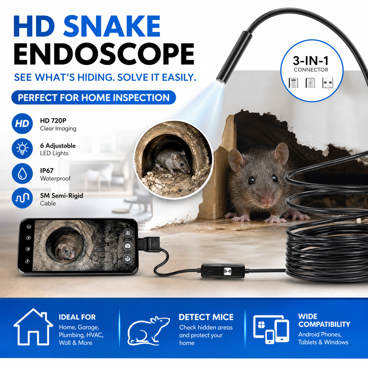 🔥Endoscopio 3 en 1 – Cámara de Inspección para Exploración, Reparación y Uso Doméstico