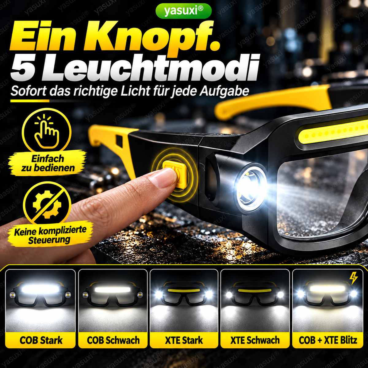🔦 50% dto. Gafas con linterna LED manos libres – luz COB + 2 focos XTE, 5 modos, 90 g y recargables por USB-C. ¡Ilumina donde necesites sin ocupar las manos! ✨💡