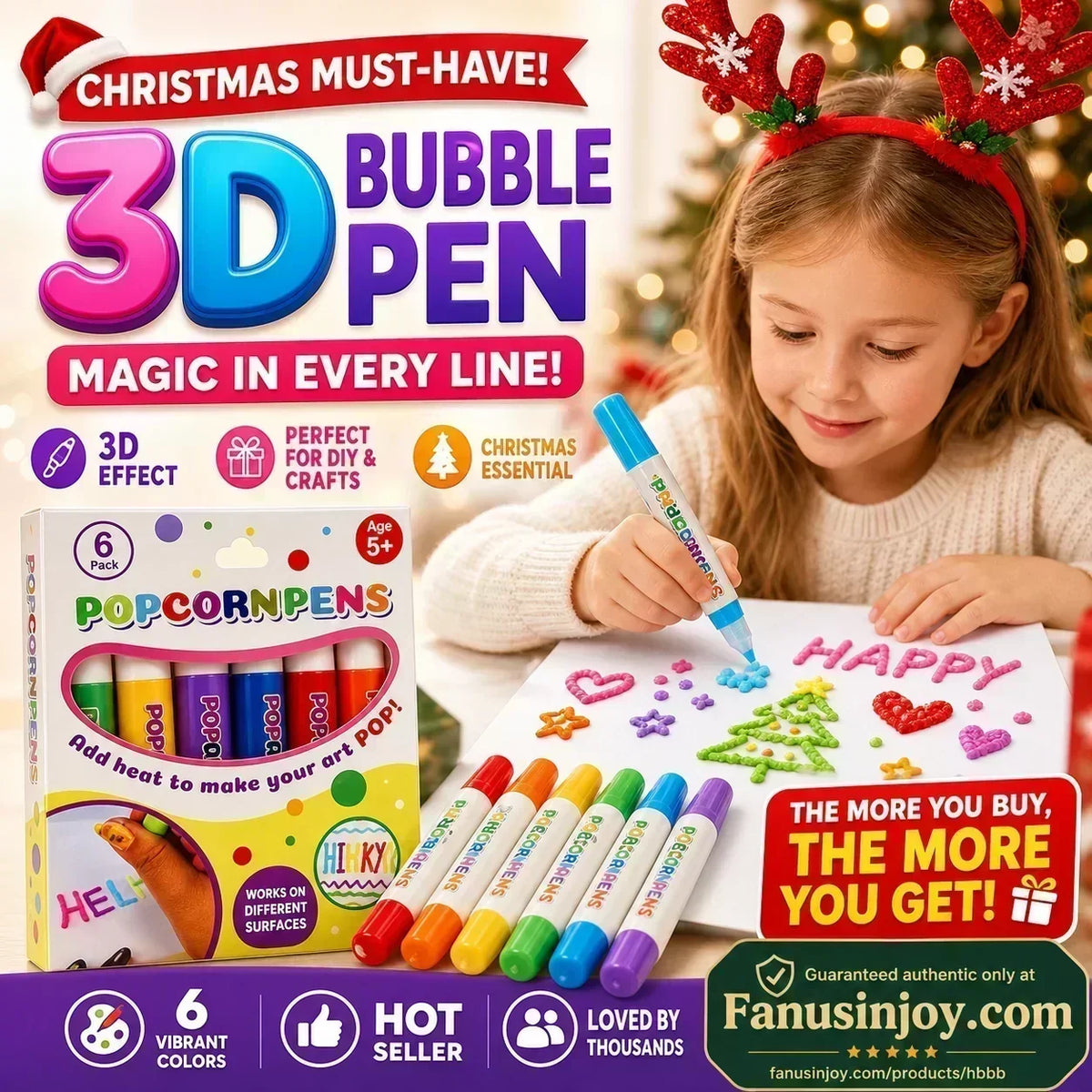 🎁🔮 Magic Pen ¡Dibuja en 3D con un solo golpe! 🎄  Plumas de dibujo de palomitas de maíz de burbuja de bricolaje