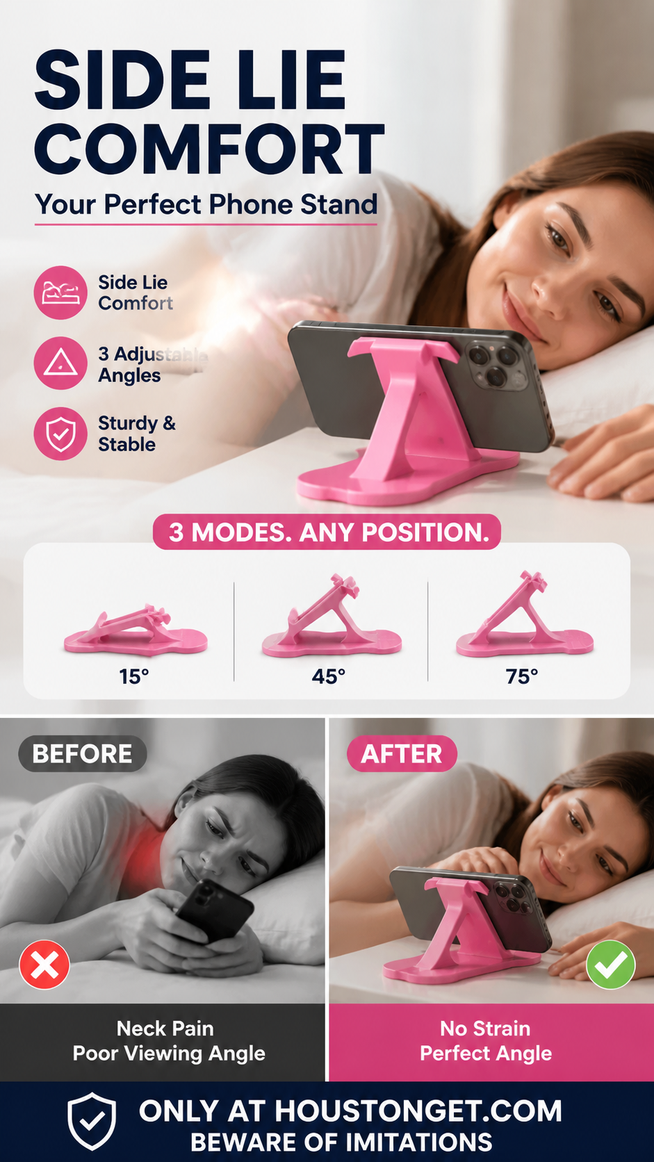 ⏳Time-Limited Special⏰Side‑Lie Friendly Multi‑Angle Phone Stand‑3‑Mode Adjustable Desktop Phone Holder, Stable Hands‑Free Support for Bed, Sofa & Desk Use