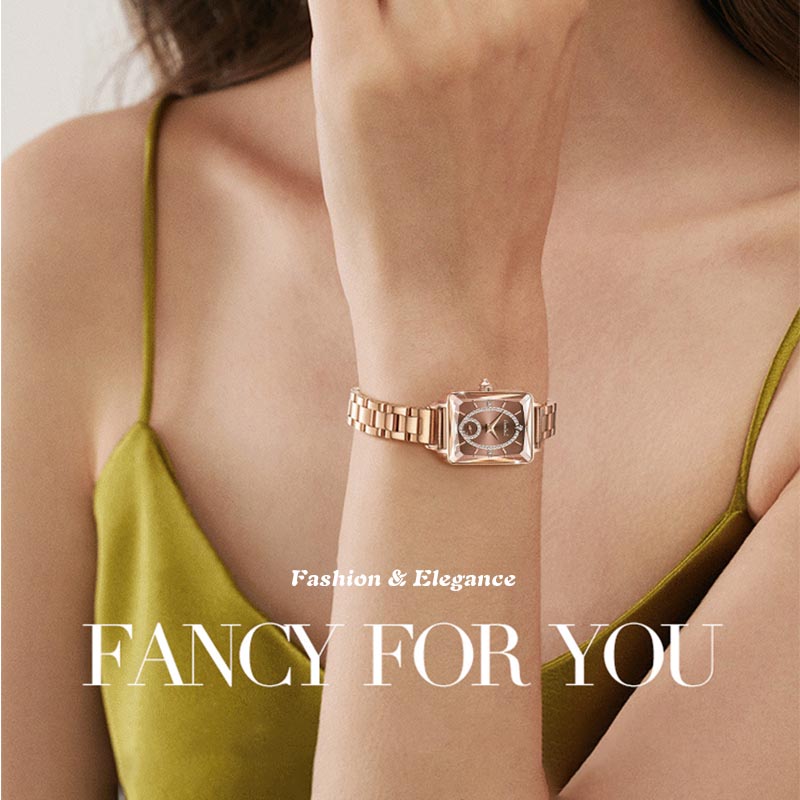 Reloj de Mujer Cuadrado a la Moda con Diamantes Sintéticos en Oro Rosa