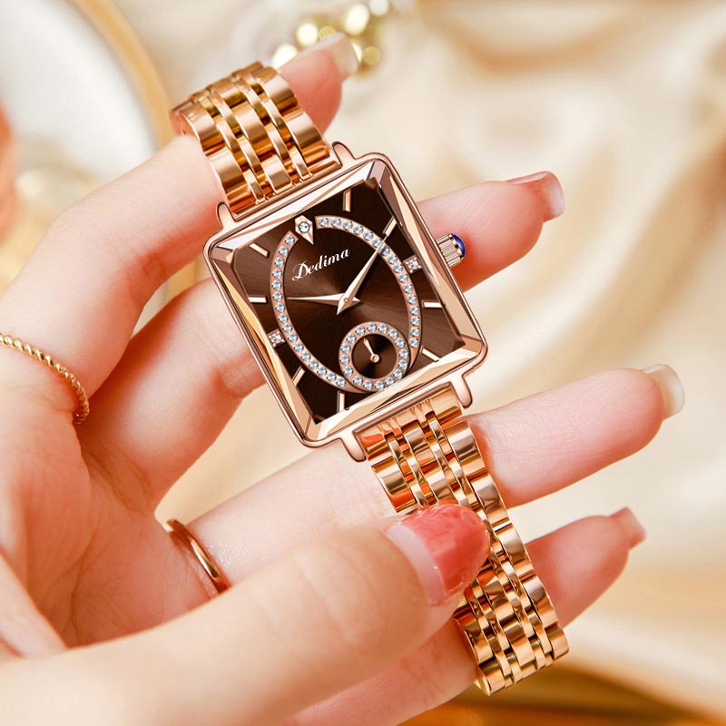 Reloj de Mujer Cuadrado a la Moda con Diamantes Sintéticos en Oro Rosa