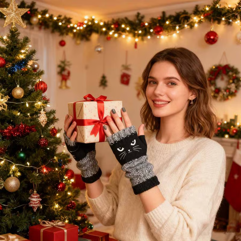 🎁COMPRA 1 Y LLÉVATE 1 GRATIS🐱Guantes Tejidos Sin Dedos con Motivo de Gato