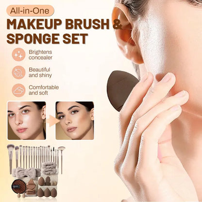 ⏰🔥 ¡50% OFF por Tiempo Limitado! 💄 Set de Brochas y Esponjas de Maquillaje Todo en Uno – Look Profesional Fácil ✨