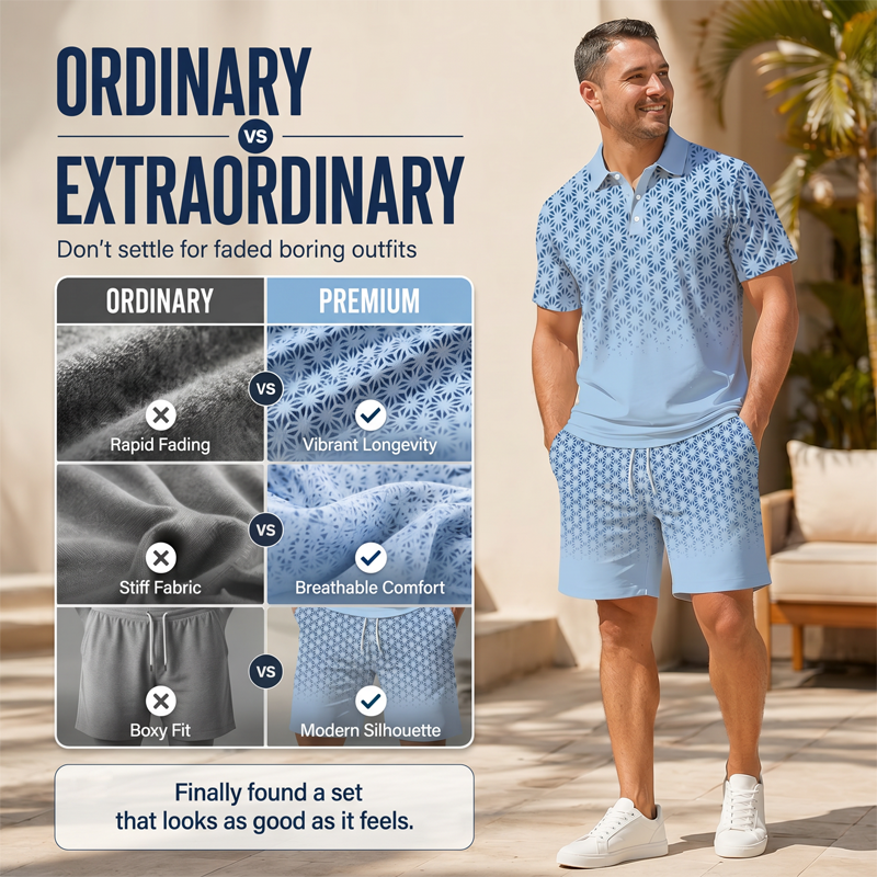 ⏳Oferta por Tiempo Limitado⏰Conjunto de Camisa con Cuello Estampado Geométrico y Shorts para Hombre – Diseño Moderno y Look Coordinado Transpirable 🔷
