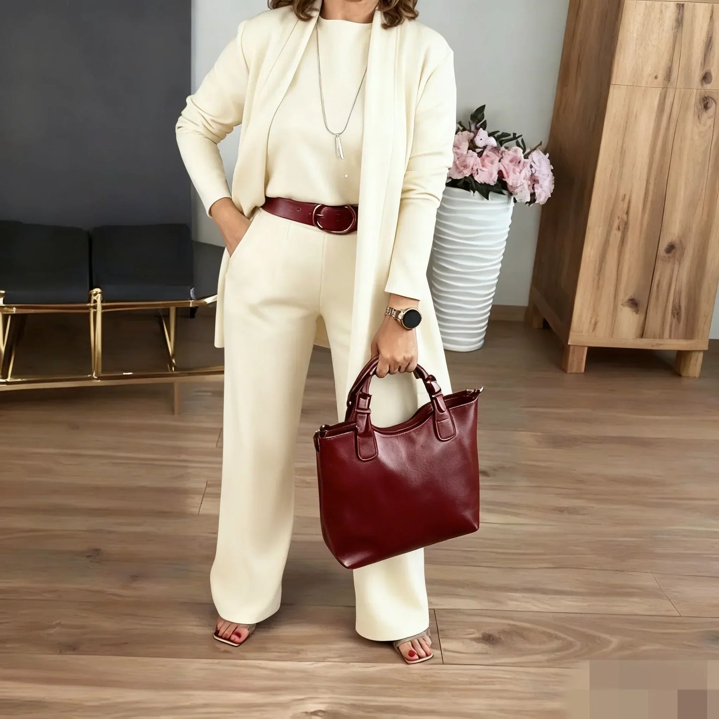 ⏳Oferta especial por tiempo limitado⏰Elegante conjunto de 3 piezas que incluye un cárdigan largo, un top y unos pantalones💞