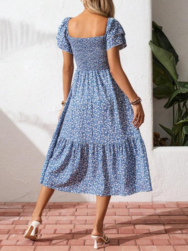 🌈2026 Summer Hot Sale 50% OFF!✨Square Neck Floral Midi Dress – Smocked Bodice, Flowy Tiered Skirt, Romantic🌸
