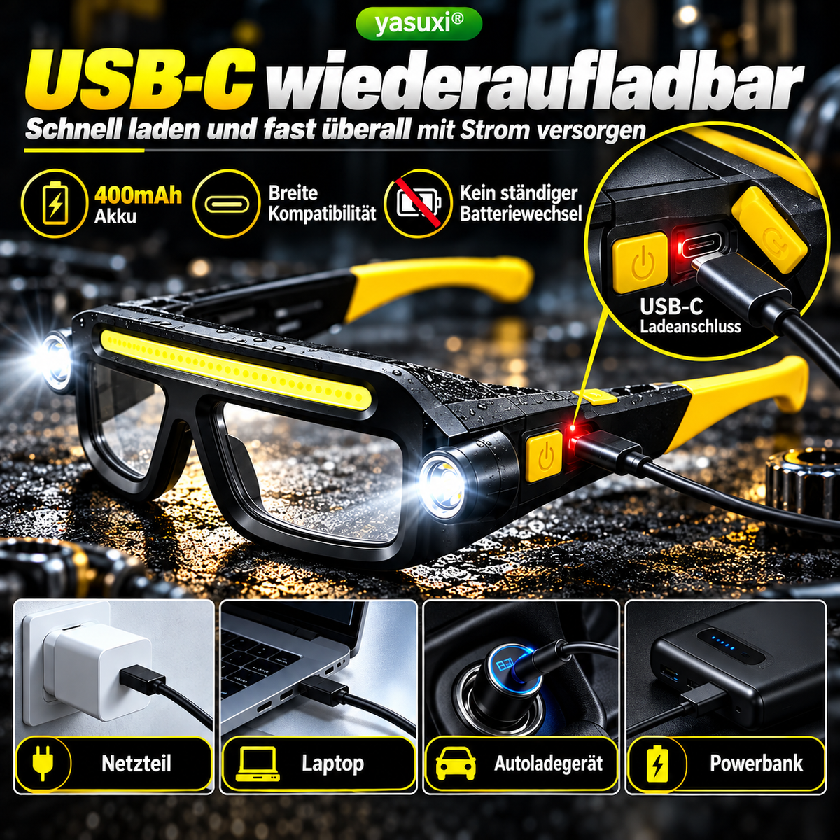🔦 50% dto. Gafas con linterna LED manos libres – luz COB + 2 focos XTE, 5 modos, 90 g y recargables por USB-C. ¡Ilumina donde necesites sin ocupar las manos! ✨💡