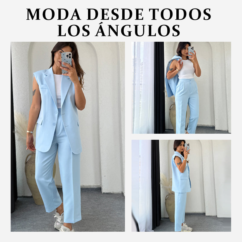 Conjunto de 2 Piezas para Mujer con Estilo: Blazer Sin Mangas y Pantalones de Cintura Alta