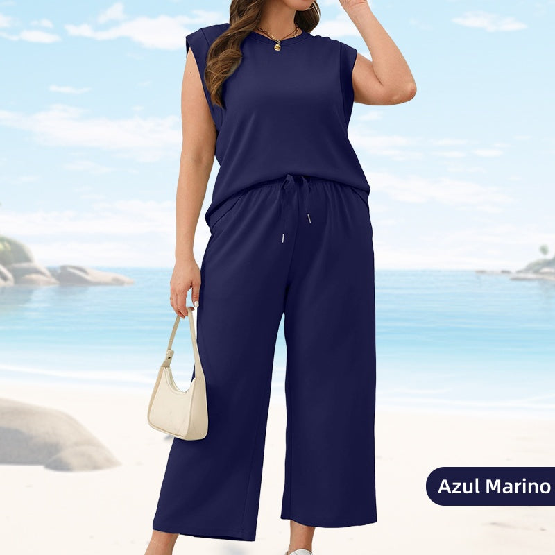 Conjunto de 2 piezas de top sin mangas y pantalones de pierna ancha para mujer