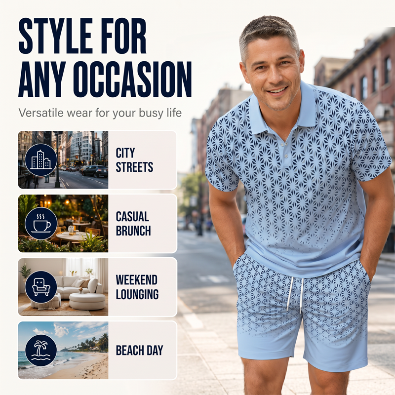 ⏳Oferta por Tiempo Limitado⏰Conjunto de Camisa con Cuello Estampado Geométrico y Shorts para Hombre – Diseño Moderno y Look Coordinado Transpirable 🔷