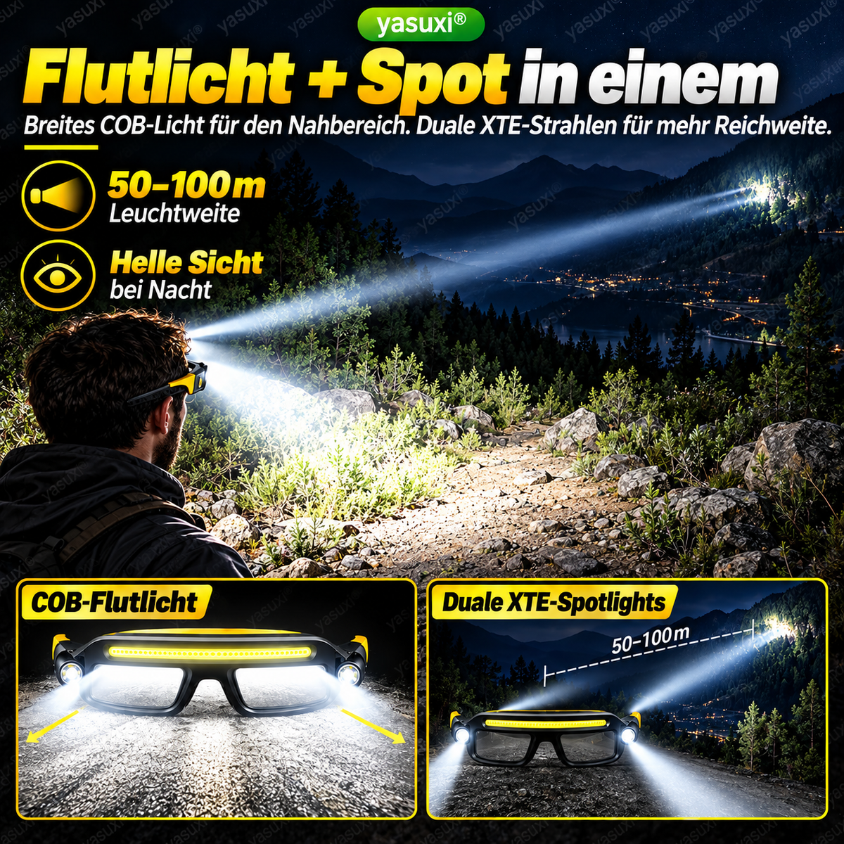🔦 50% dto. Gafas con linterna LED manos libres – luz COB + 2 focos XTE, 5 modos, 90 g y recargables por USB-C. ¡Ilumina donde necesites sin ocupar las manos! ✨💡