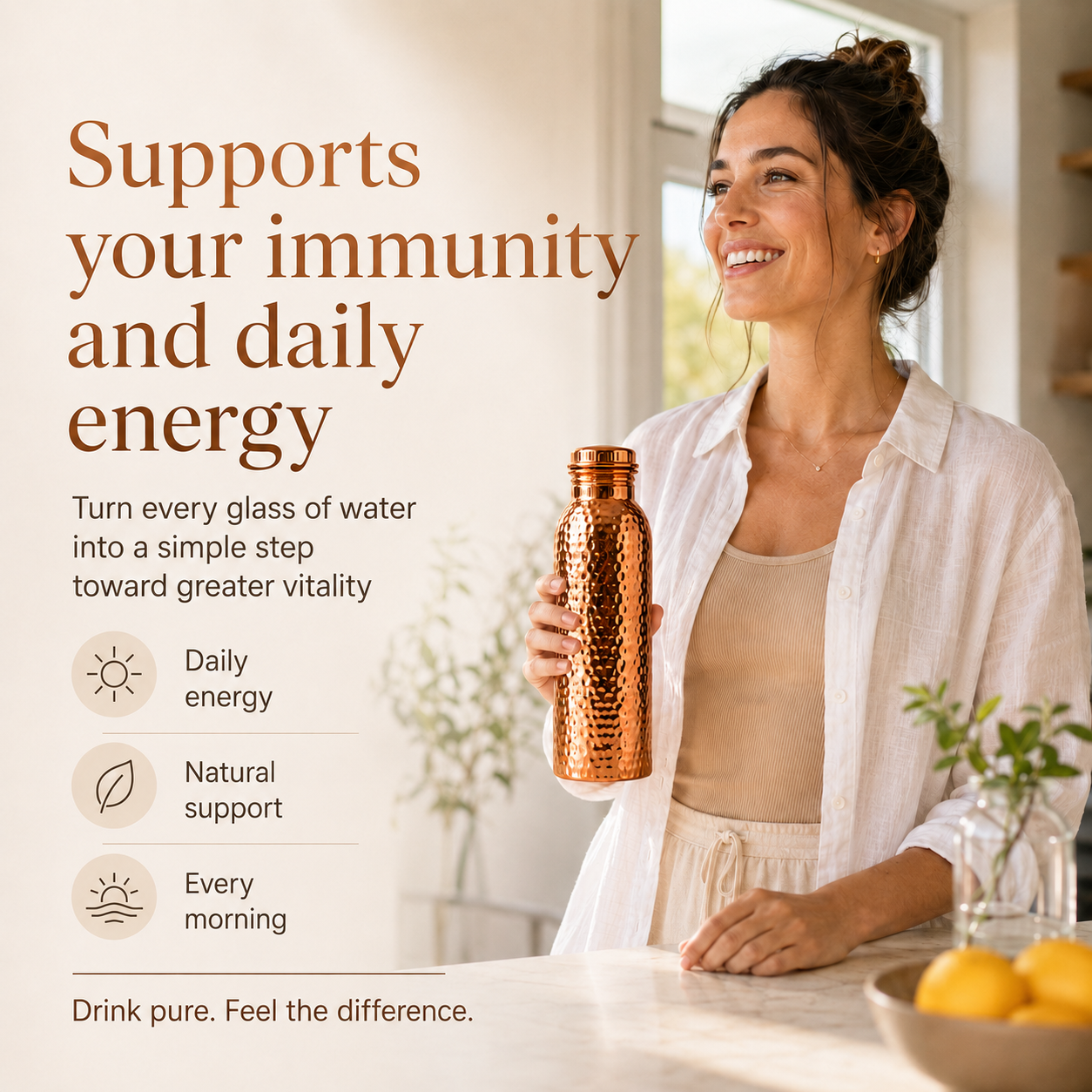 ❤️Frescura de Verano 50% Off!💧Botella de Agua Premium de Cobre Sólido 100% – Sin Plástico e Inspirada en el Ayurveda